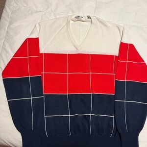 Classic V-Neck Sweater with Red, White, and Blue Design